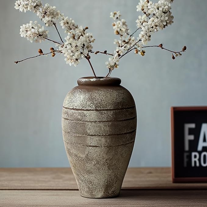 Antique Ceramic Flower Vase for Living Room Bedroom 9.06'' Farmhouse Decor for Bouquet Fake Plant Home Decor Office Table Shelf Fireplace Centerpieces Rustic Retro Vintage Classic Modern