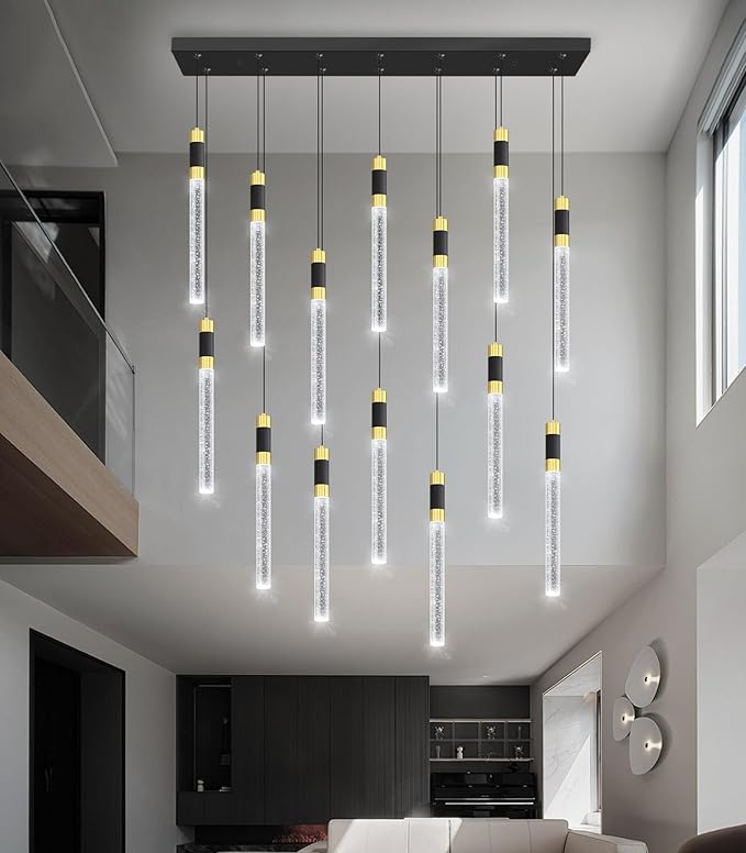 14-Lights Modern Rectangular Chandeliers for Living Room LED Dimmbale Light Fixture for High Ceiling Pendants Lighting for Dining Room