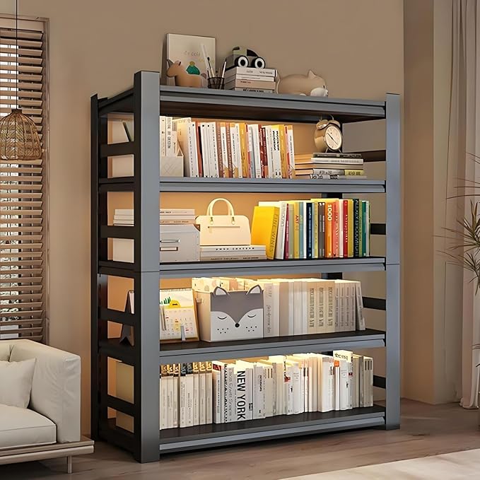 Book Shelf 5-Tier Adjustable Heavy Duty Metal Wide Book Shelves Modern Tall Bookshelf Storage Shelving Organizer for Living Room, Bedroom, Home, Office, Black (72" ​​H*23" D*47" W)