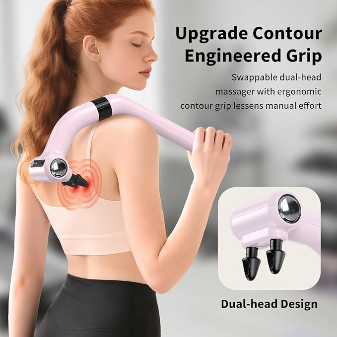 Dual-Head Massage Gun with Extension Handle, 3-in-1 Detachable Handheld Percussion Muscle Massager for Back Neck Shoulder Body Deep Tissue Pain Relief - 6 Speeds Levels(Pink)