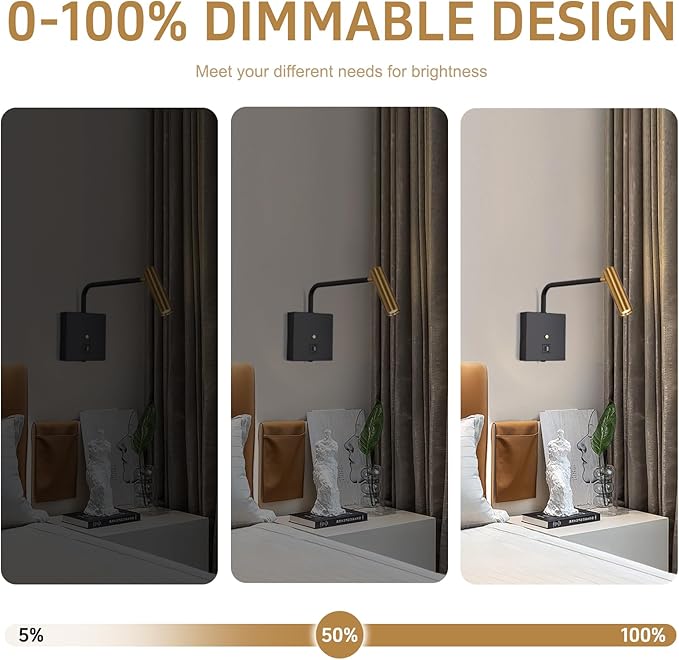 ZEROUNO LED Wall Lamp Wall Mounted Reading Lights, Dimmable Adjustable Headboard Plug in Wall Sconce with USB C+A Ports, Indoor LED Wall Lighting for Bedroom Bedside 3000K (Black)