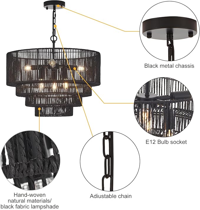 19.7" Hand-Woven Rattan Chandelier Vintage Farmhouse 6-Lights Boho Black Bamboo Chandeliers Light Fixture Retro Drum Wicker Rattan Chandelier for Dining Room, Kitchen Island, Bedroom, E12