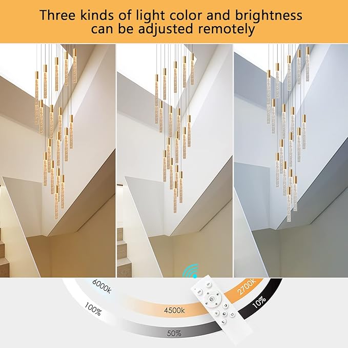 16 Foot Chandeliers for Living Room Entryway High Ceiling Light Fixtures Sloped Flush Mount Ceiling Pendant Lighting Dimmable Chandelier with Remote LED Crystal Pendants Lighting Gold Light