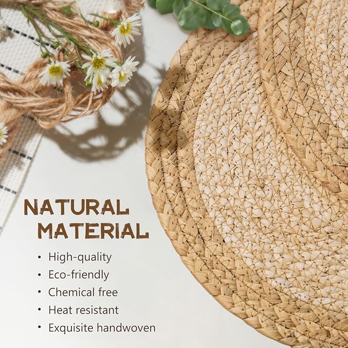 13 in Round Woven Placemats Plate Chargers Set of 8, Boho Farmhouse Rustic Place Mats for Dinner Plates, Rattan Wicker Braided Table Mats Chargers for Dining Table Decor