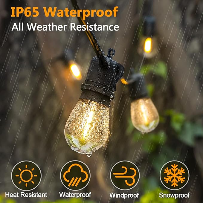 LED Outdoor String Lights, 50FT Waterproof Patio Light with Remote & 16 Dimmable Shatterproof S14 Edison Bulbs(1 Spare), Connectable Outside Backyard Hanging Lights for Balcony, Gazebo, Porch, Party