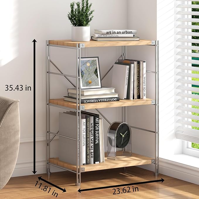 3-Tier Industrial Bookcase Adjustable, Modern Open Shelving Unit Book Shelves, Freestanding Wood &amp; Metal Display Shelves, Living Room Storage Organizer, for Bedroom