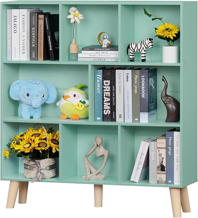 LEYAOYAO 8 Cube Bookshelf 3-Tier Bookcase with Legs, Mint-Green Kids Book Shelf Cute Storage Organizer, Large Open Toy Shelves Modern Bookshelfs,Display Bookcases for Bedroom,Living Room,Nursery