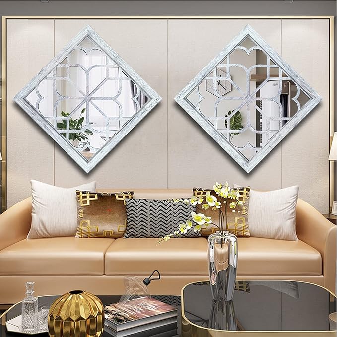 Wocred 2 PCS Square Wall Mirror,Gorgeous Rustic Farmhouse Accent Mirror,Rustic White Color Entry Mirror for Bathroom Renovation,Bedrooms,Living Rooms and More （20”）