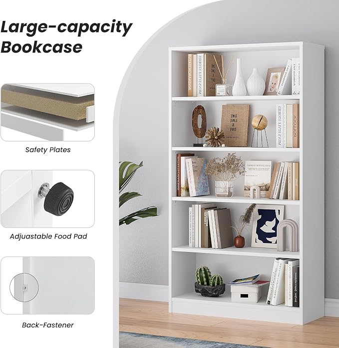Farini 60 Inch Tall Bookcase,5 Shelf Bookshelfs,Adjustable Bookshelf for Home Office,White