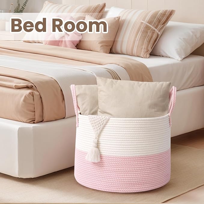 Woven Blanket Basket,65L Large Rope Storage Bin with Handles, Organizer for Blankets Toys Book and Clothes, Laundry Basket for Living Room Bedroom Nursery,White&amp;Pink