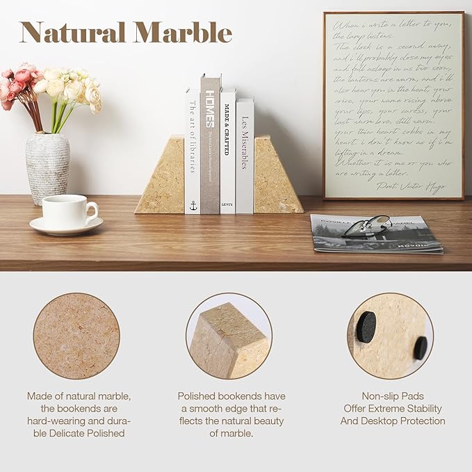 Marble Bookend for Heavy Books, Decorative Bookends for Shelves, Durable and Heavy-Duty Book End for Hardback Book &amp; CDS, Unique Book Stopper &amp; Holder, Pearlly Yellow, Set of 2