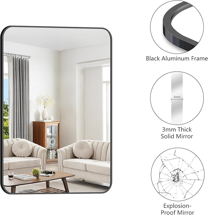FORBATH Bathroom Mirror 24 x 36 Inches，Black Wall Mirror Aluminum Frame Wall Mounted Rounded Corner Morndern Mirror for Bathroom Bedroom Entryway Living Room