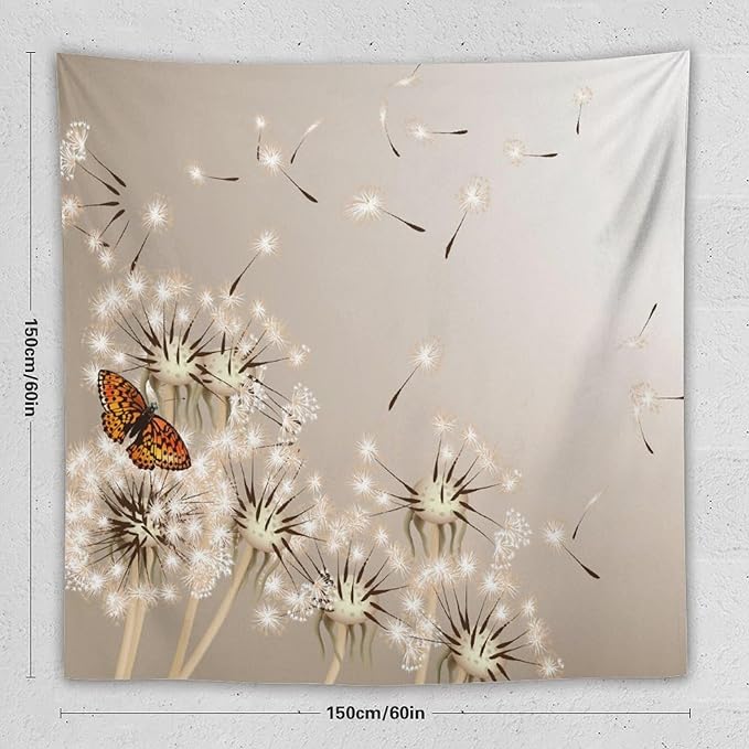 Nature Tapestry,Floral Dandelion Flying Butterfly Flower Plant Theme Print Tapestries for Living Room Party Beach Picnic Blankets Tablecloths Wall Decor, 60x60 in