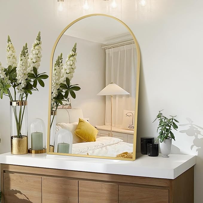 24" x 32" Gold Arched Mirror, Arch Wall Mirror, Metal Frame Black Bathroom Mirror, Arched Top Bathroom Vanity Mirror for Living Room, Bedroom, Entryway, Tempered Glass, Shatter Proof