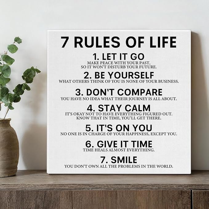 7 Rules of Life Motivational Wall Decor, Inspirational Quotes Wall Art for Office Classroom Gym Bedroom Home Decoration, Positive Affirmations Framed Canvas Posters Art Work Gift, 8 x 8 Inches