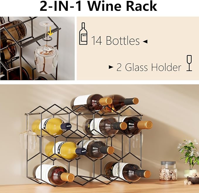 Urban Deco Countertop Wine Rack for 14 Bottles - No Assembly Required Modern Wine Bottle Holder Stand for Cabinet, Kitchen, Bar, Pantry - Black Wire Wine Rack Inserts