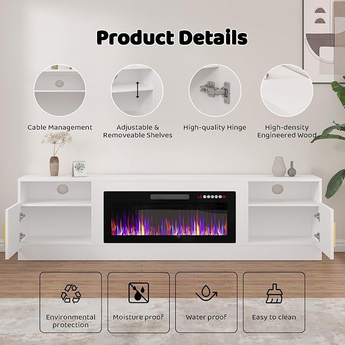 Lemberi Fireplace tv Stand with 36 inch Fireplace Up to 90" TVs, LED Light Entertainment Center and Storage, 80" Modern Wood Media TV Console with Highlight Cabinet for Living Room (White)