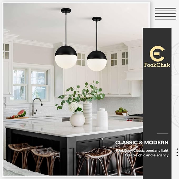 10in Globe Pendant Light Black Large Glass Kitchen Island Pendant Light Fixtures Mid Century Modern Frosted Glass Hanging Light Milky White Ball Pendant Lights for Kitchen Sink Dining Bedroom Entry