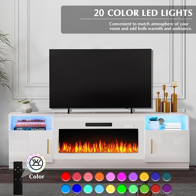 Lemberi Fireplace tv Stand with 36 inch White Fireplace Up to 80" TVs,LED Light Entertainment Center and Storage, 70" Modern Wood Media TV Console with Highlight Cabinet for Living Room