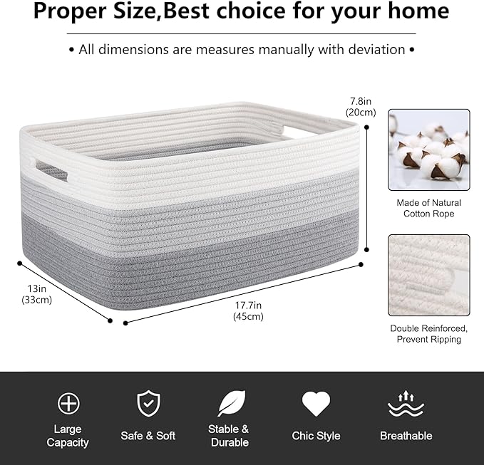 Large Storage Basket for Organizing, Woven Rope Basket for Shelves, Closet Organizer Bins for Clothes, Blanket, Toys, Baby Nursery Storage, 17.7" x 13" x 7.87", 2 Packs Gradient Gray