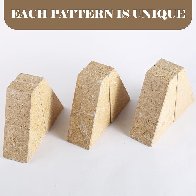 Marble Bookend for Heavy Books, Decorative Bookends for Shelves, Durable and Heavy-Duty Book End for Hardback Book &amp; CDS, Unique Book Stopper &amp; Holder, Pearlly Yellow, Set of 2