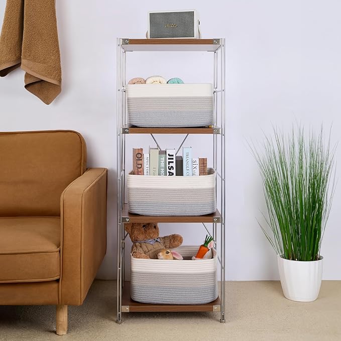 Large Storage Baskets for Shelves, Closet Organizers Bins for Clothes Blanket Towels, Baby Nursery, Toy Baskets Box, Woven Rope Baskets, 17 x 13 x 7.5”, 3 Packs Gradient Gray