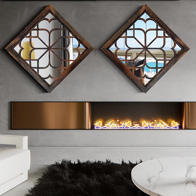 Wocred 16inch 2 PCS Square Wall Mirror,Gorgeous Rustic Farmhouse Accent Mirror, Caramel Color Entry Mirror for Bathroom Renovation,Bedrooms,Living Rooms and More.