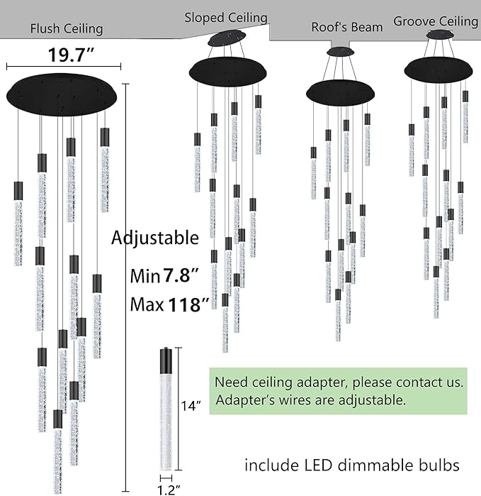 118" High Ceiling Chandelier Linear Crystal Pendants, Remote Dimmable, Compatible Sloped Ceilings, 12-Light Matte Black, 60 Watts LED, 4800 Lumens