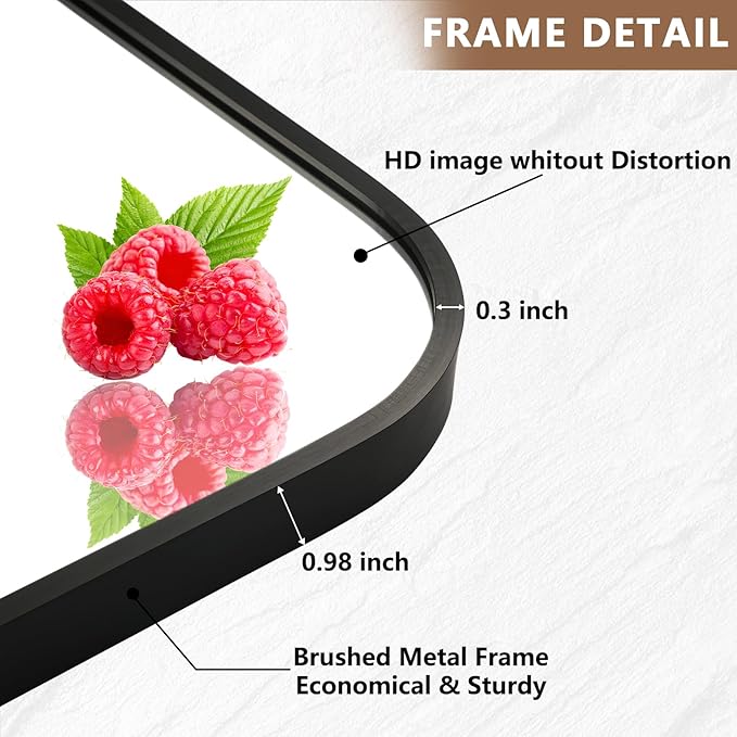 Matte Black Mirror, 26"x38" Rectangle Bathroom Mirror, Metal Frame Rectangle Corner Vanity Mirror, Wall Mounted Mirror for Modern, Living Room, Bedroom, Horizontal Or Vertical