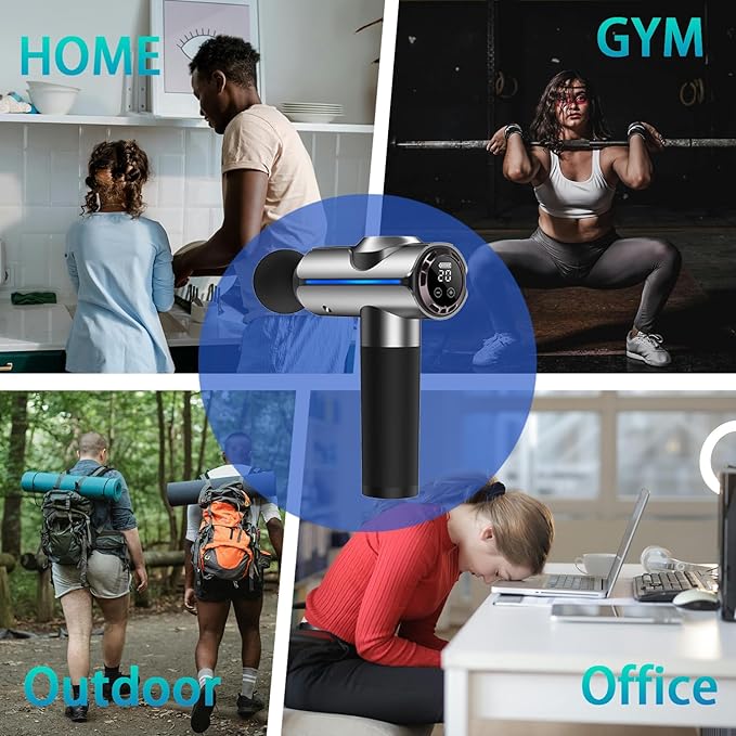 Percussion Massage Gun, Electric Handheld Muscle Back Massager, Deep Tissue Back Massage for Athletes for Pain Relief with 20 Speeds & LED Screen with Carry Case, Gift for Men/Women, Silver