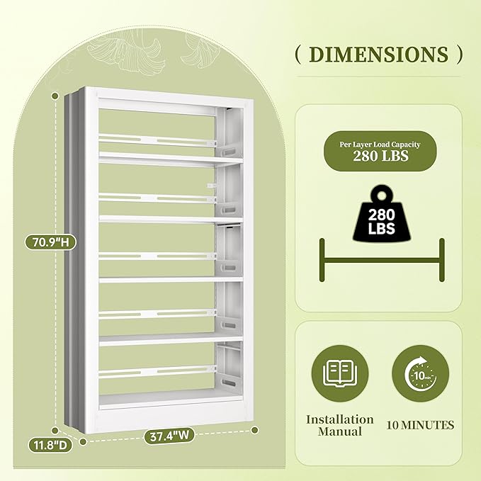 Bookshelf, 5-Tier Metal Sturdy Bookcase,71" H Tall White Bookcase with Adjustable Shelves, Heavy Duty Storage Bookshelfs and Bookcases for Living Room, Library, School, Study, Home Office
