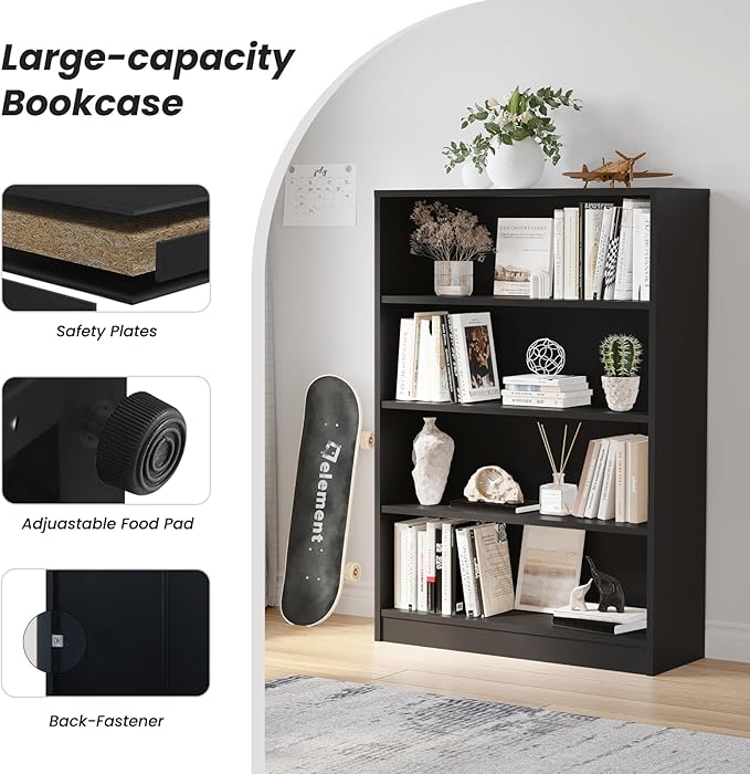 Farini 4 Shelf boockase Display Bookcase Freestanding Wooden Bookshelves for Home Office Living Room,48 Inch Height,Black