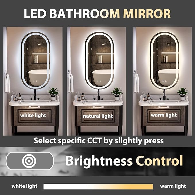 HOMECOOKIN Led Bathroom Mirror with Lights, Anti-Fog - 16 x 32 inch, Wall Mounted, 3 Colors, Adjustable, Horizontal &amp; Vertical