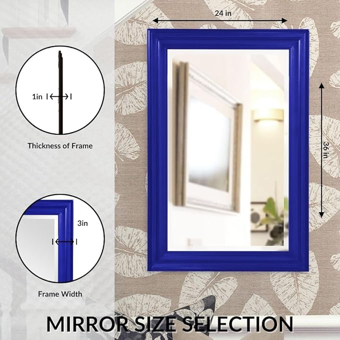 Howard Elliott George Rectangular Glossy Royal Blue Wall Mirror, Rectangle Hanging Wood Framed Vanity Mirrors for Home Decor, Living Room, Bathroom, Bedroom, or Hallway, 24 x 36 Inch