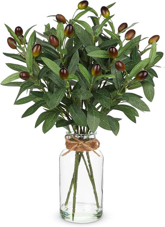 Hollyone Artificial Olive Branch in Glass Vase with Faux Water 15.7" Fake Plants Olive Leaves Stems for Indoor Shelf Desk Home Bathroom Wedding Table Centerpiece Decor
