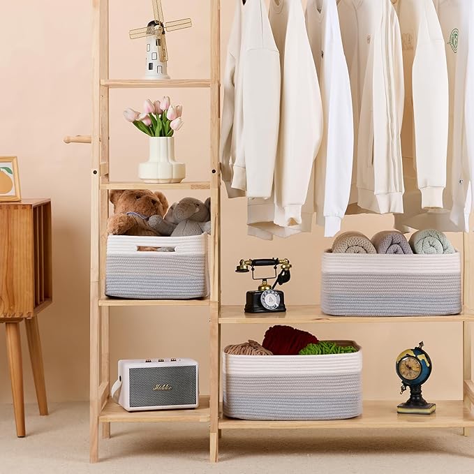 Large Storage Baskets for Shelves, Closet Organizers Bins for Clothes Blanket Towels, Baby Nursery, Toy Baskets Box, Woven Rope Baskets, 17 x 13 x 7.5”, 2 Packs Gradient Gray