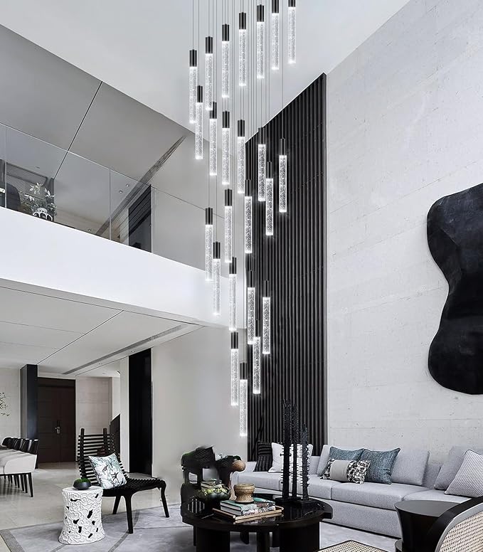 13 Foot High Ceiling Chandelier for Entryway Modern Crystal Lights for Living Room Foyer Flush Mount Sloping Ceiling Pendant Light Fixture Remote Dimmable 24-Lights Black