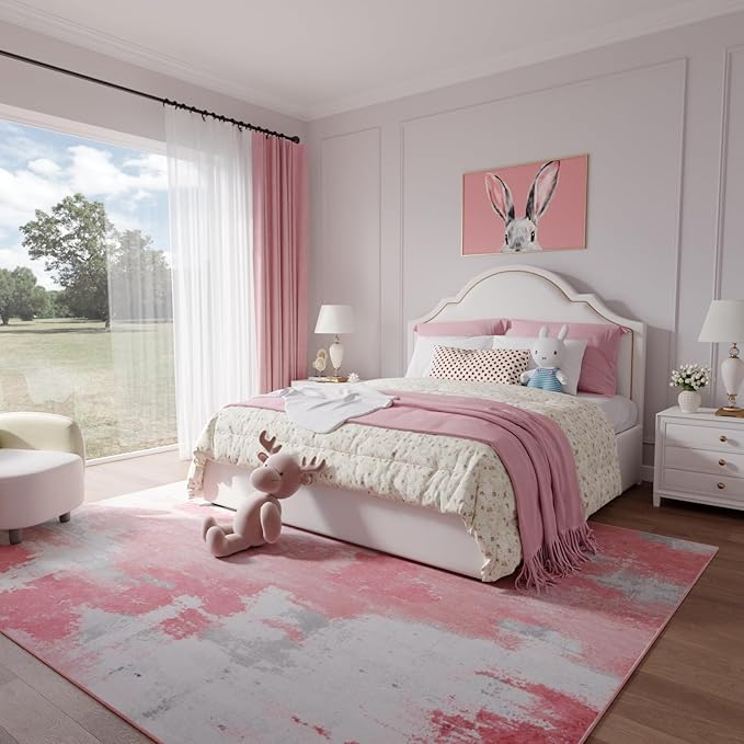 Kelarea Pink Nursery Rug for Baby Girl, 8x10 Modern Abstract Washable Rugs for Kid's Bedroom, Low Pile Non Slip Large Carpet for Dorm, Living Room, Kids Playroom