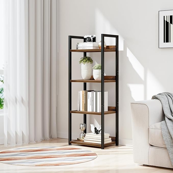 NUMENN Narrow Bookshelf, 4 Tier Bookshelfs, Home Office Bookcase Shelf Storage Organizer, Free Standing Storage Shelving Unit for Bedroom, Living Room and Home Office, Vintage