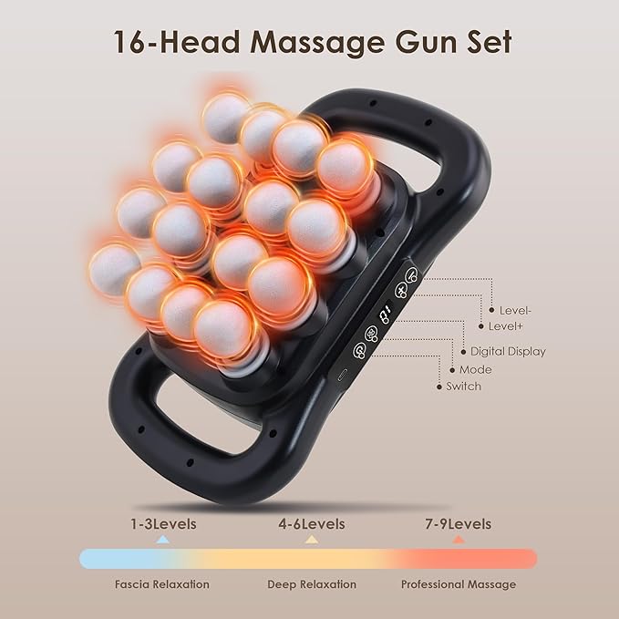 16-Head Massage Gun Set, Deep Tissue Percussion Massager, Electric Massage Tools with 9 Styles & Levels, Black