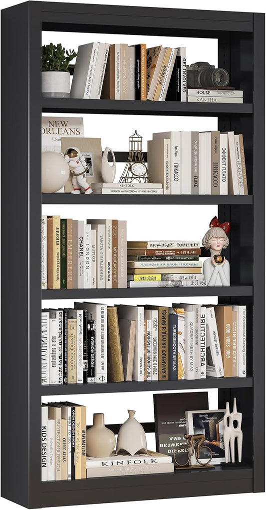 Bookshelf, 5 Tier Metal Bookshelf, 69" H Tall Bookcase with Adjustable Shelves, Large Industrial Bookshelfs for Living Rooms, Home Offices, Library, 10 Minutes Assemble
