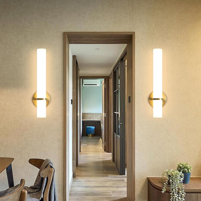 16W LED Dimming Wall Sconces 2 Packs, 3000K Warm Lights Dimmable, White Lampshade Bathroom Vanity Lighting Wall Light Fixtures for Bedroom Dining Living Hallway, Antique Gold