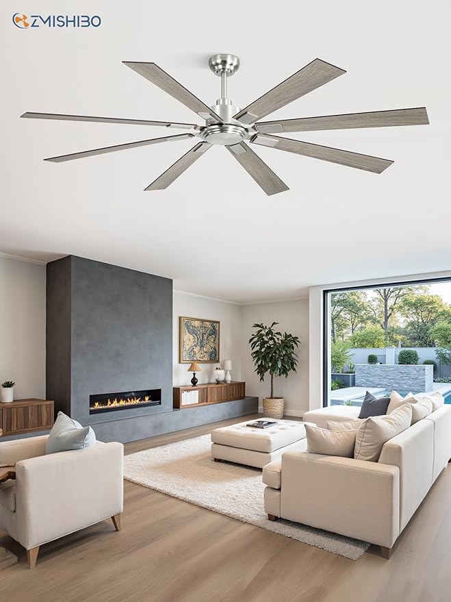 ZMISHIBO 72 Inch Ceiling Fan No Light with Remote Control, 8 Blades Quiet DC Reversible Motor, 6-Speed, Timer, Brushed Nickel Finish, Indoor Outdoor Ceiling Fans for Patios, Living Room, Garage