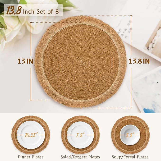 13.8 in Round Woven Boho Placemats Set of 8, Washable Cotton Farmhouse Rustic Place Mats for Dining Table Decor, Tassels Table Mats Plate Chargers for Dinner Plates