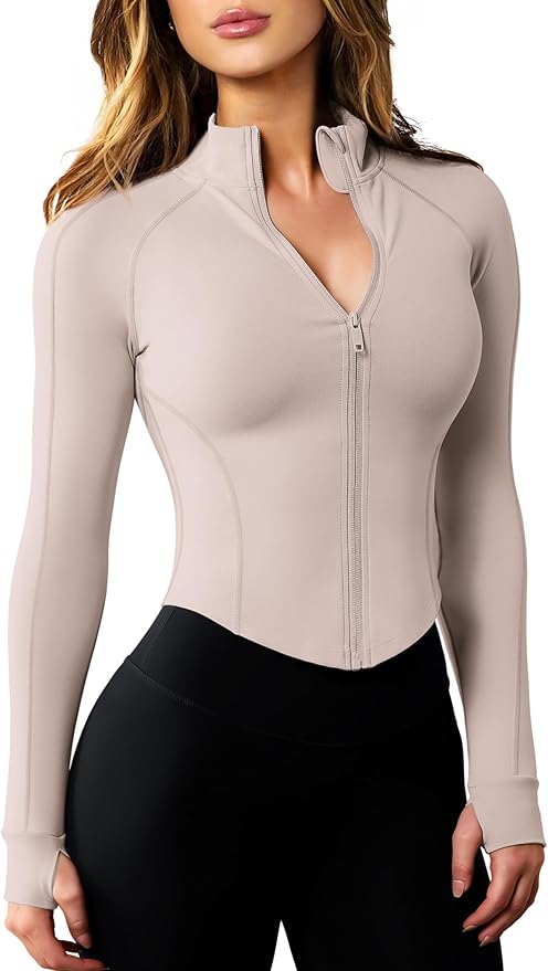 AVGO Women's Workout Jacket Lightweight Zip Up Cropped Yoga Jackets Slim Fit Athletic Tops with Thumb Holes