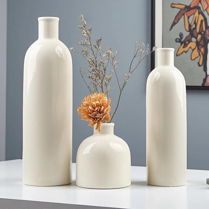 White Crackle Glaze Ceramic Vase Set 3-Piece – Home Decor Modern Decorative Vases Ideal Shelf Decor/Table/Living Room/Kitchen/Office Ideal for Pampas Grass & Floral Arrangements for Flowers