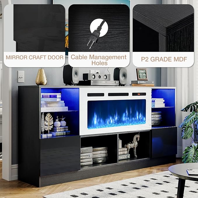 oneinmil Fireplace TV Stand with 36” Electric Fireplace, 70” TV Console Stand for TVs Up to 80", LED Light Entertainment Center, Fireplace for The Living Room TV Stand, Set of Table, Black