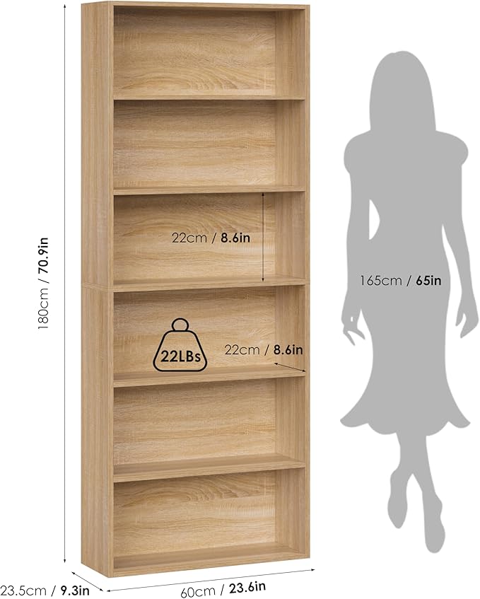 FOTOSOK 6-Tier Open Bookcase and Bookshelf, Freestanding Display Storage Shelves Tall Bookshelf Bookcase for Bedroom, Living Room and Office, Light Oak