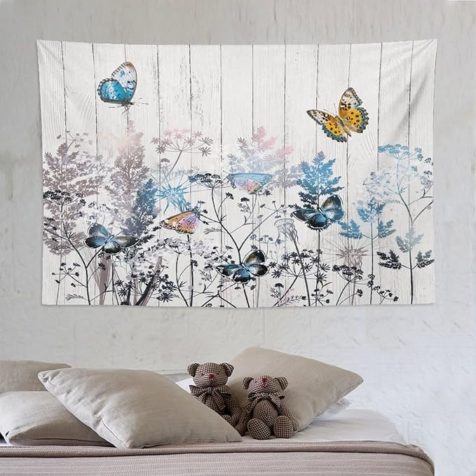 Nature Dandelion Tapestry,Rustic Floral Wood Plank Butterfly Theme Print Tapestries for Living Room Party Beach Picnic Blankets Tablecloths Wall Decor, 60x90 in