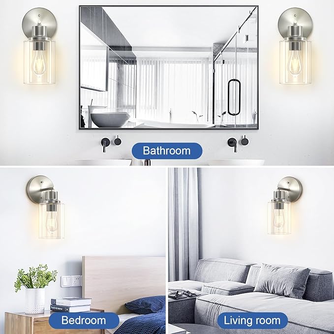 GORDNWE Set of 2 Bathroom Wall Sconce, Brushed Nickel Vanity Light, Modern Wall Light Fixture with Clear Glass Shade and E26 Bulb Base, Wall Lamp Wall Mount Light Fixtures for Mirror, Bedroom